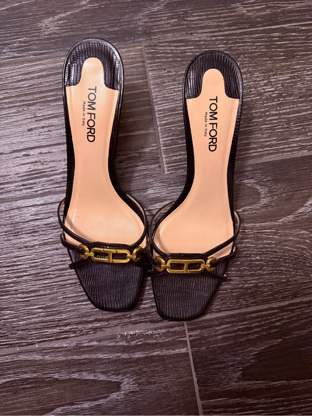 Tom Ford Black Slide Sandals with Gold Chain Accent